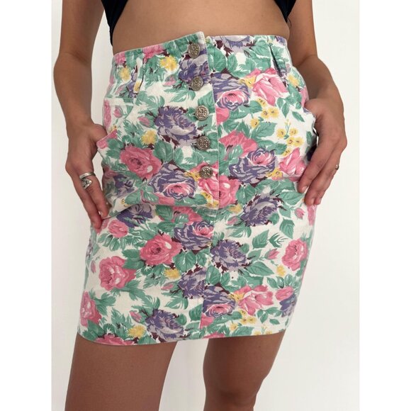 90s vintage pastel floral print high waist rise button up denim jean mini skirt - Picture 2 of 9